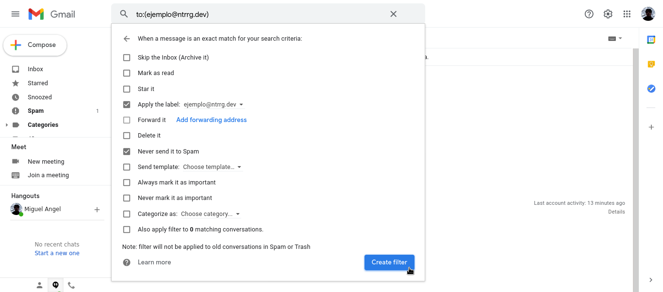 Establecer acciones del filtro en Gmail