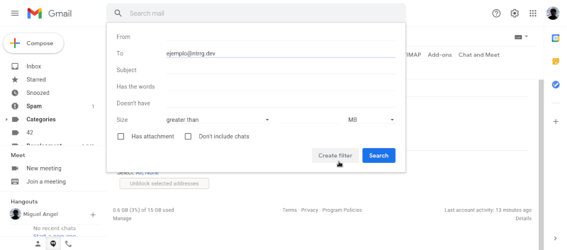 Configurar selectores del filtro en Gmail